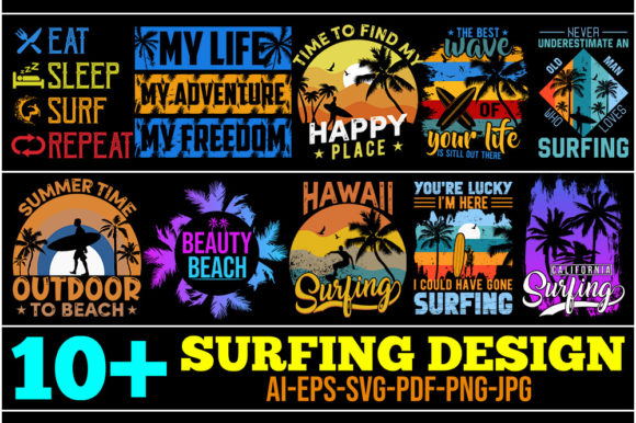 10 Retro Summer Surfing Quote Design Graphics Review