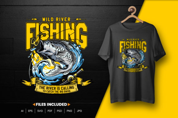 Wild River Fishing T-shirt Design: Graphics & Print Templates